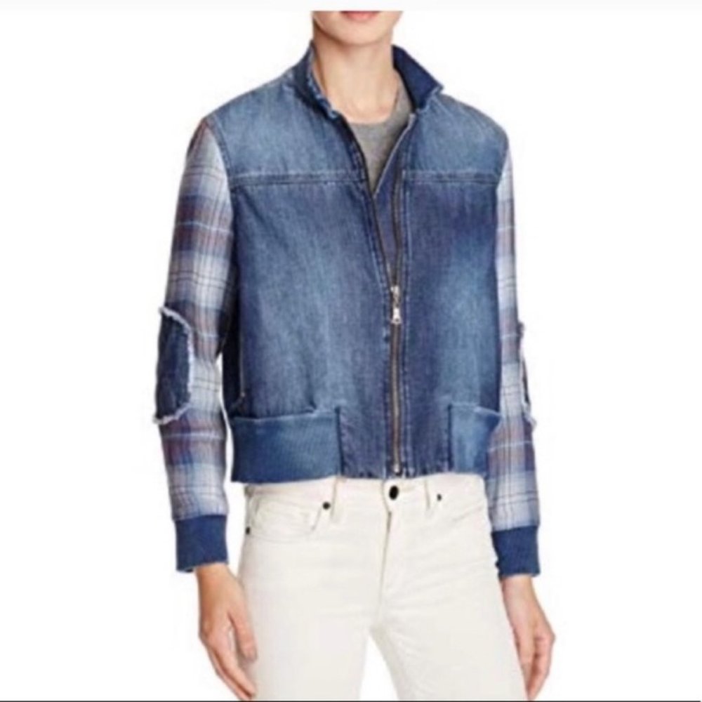 Bella Dahl Denim Plaid Jean Bomber Jacket